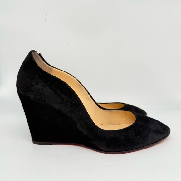 Christian Louboutin Shoes - Christian Louboutin Black Suede Leather Tanja scalloped Wedge Pumps EU 38.5